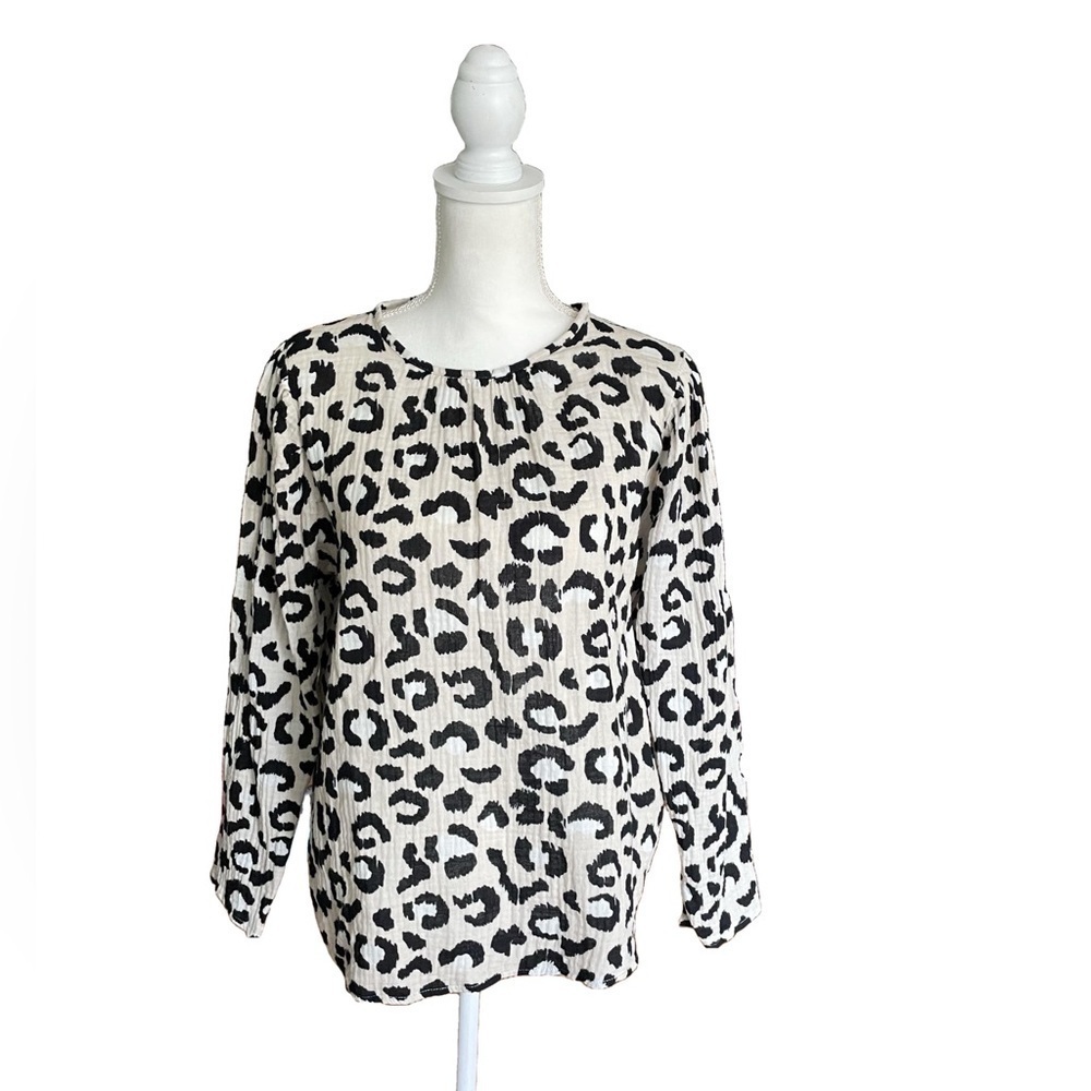 Michelle McDowell Women's Gauzy Cotton Animal Print Long Sleeve Blouse Top Sz L